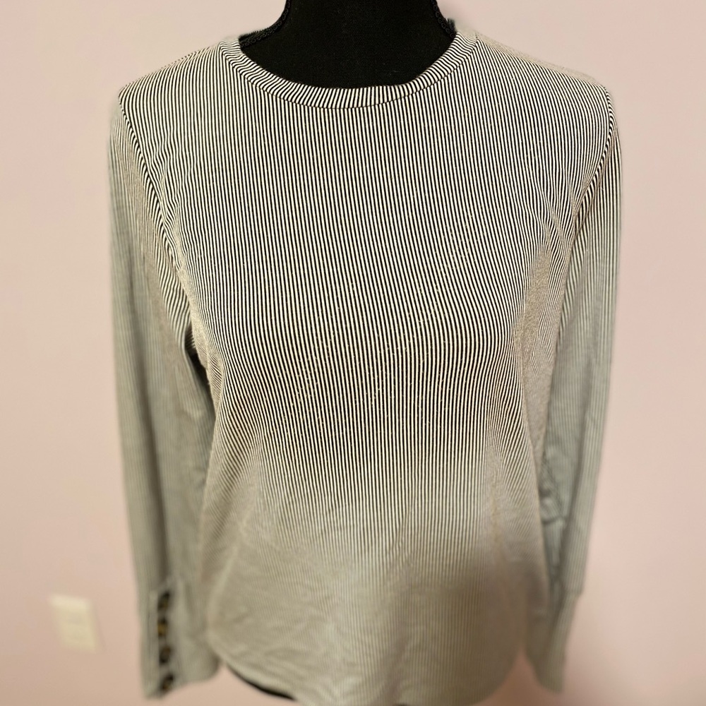 White and Black Long Sleeve Stripped Too with Button Detail